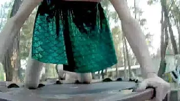 Play In green skirt showing me peeing and hump trampoline and cum